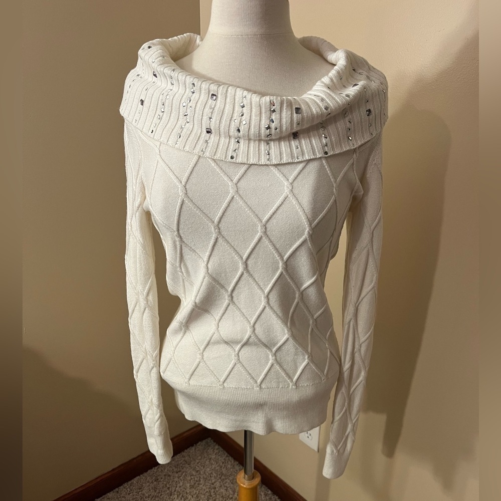 WHBM Cream Cowl Jeweled Sweater Sz S